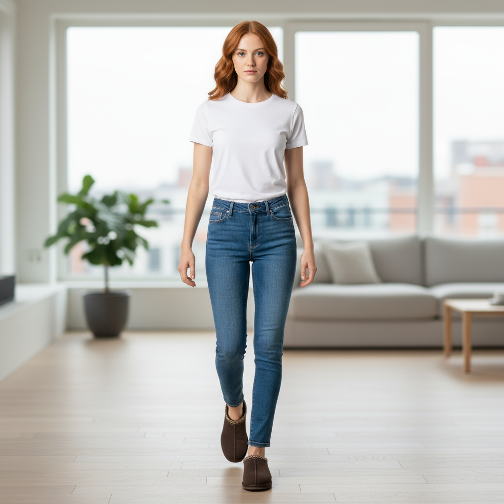 Woman wearing Ugg Tasman Bruna Slippers in Dusted Cocoa while walking indoors.