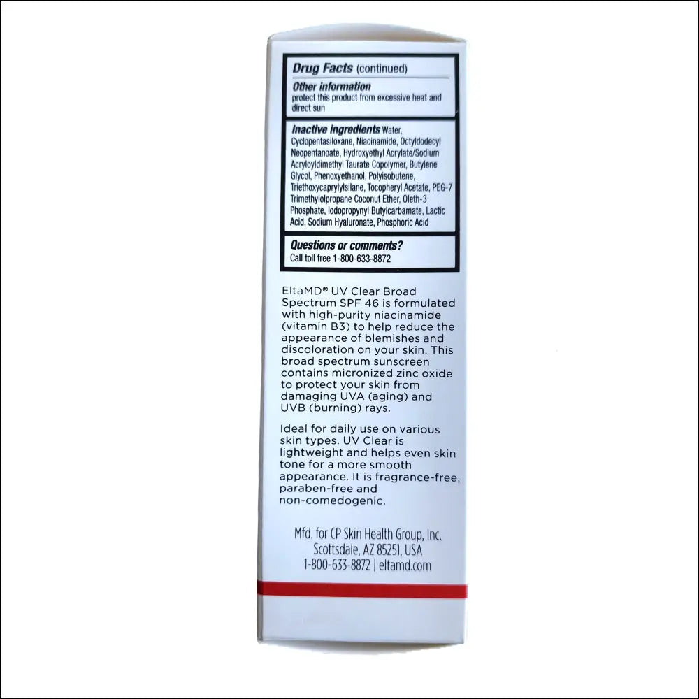 EltaMD UV Clear Broad Spectrum SPF 46 product label with ingredient details and usage information.