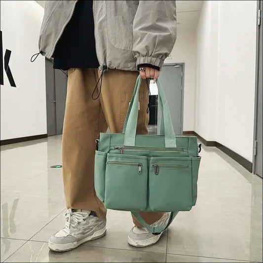 Damväska i manchester med fickor – mintgrön och brun canvas - Grön - Manchester väska