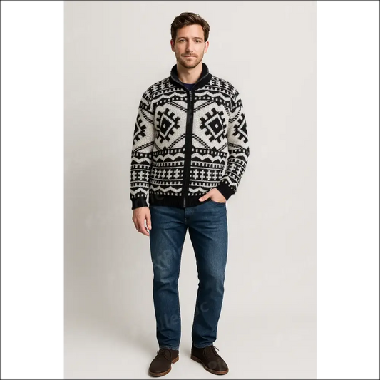 Stickad Herr Cardigan i Nordisk Stil med Polokrage - Svart & Vit / M / Polyester