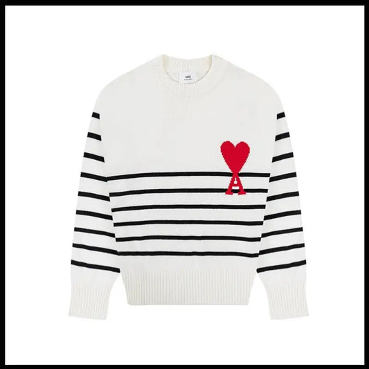 AMI Logo Cardigan – Randig Linne/Bomullmix