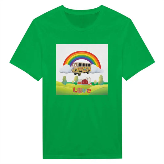 T-shirt med flower power design, husbil under regnbåge, grön bakgrund och texten Love.