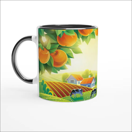 Unik keramisk mugg med apelsin och soligt landskap, perfekt för morgonkaffet.