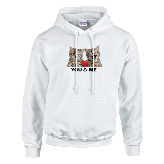 Mjuk Hoodie med Katter och Du Jag Text med kattansikten och hjärta, stilren design.