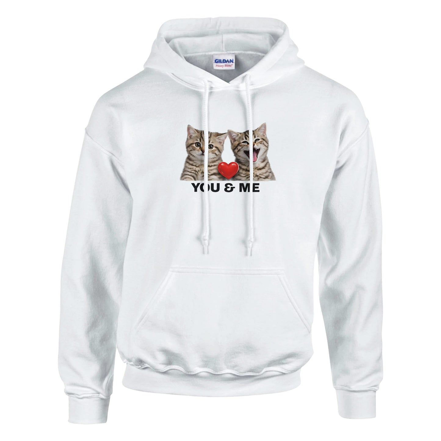 Mjuk Hoodie med Katter och Du Jag Text med kattansikten och hjärta, stilren design.