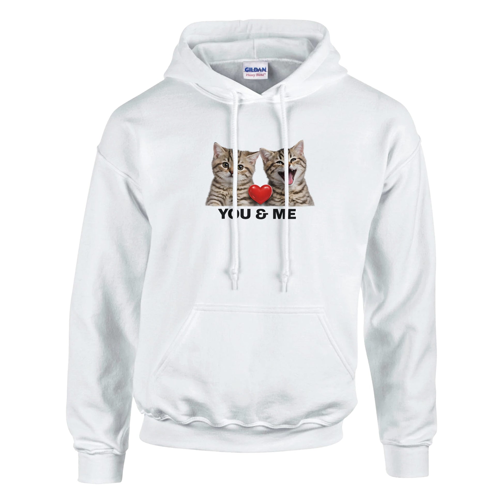 Mjuk Hoodie med Katter och Du Jag Text med kattansikten och hjärta, stilren design.