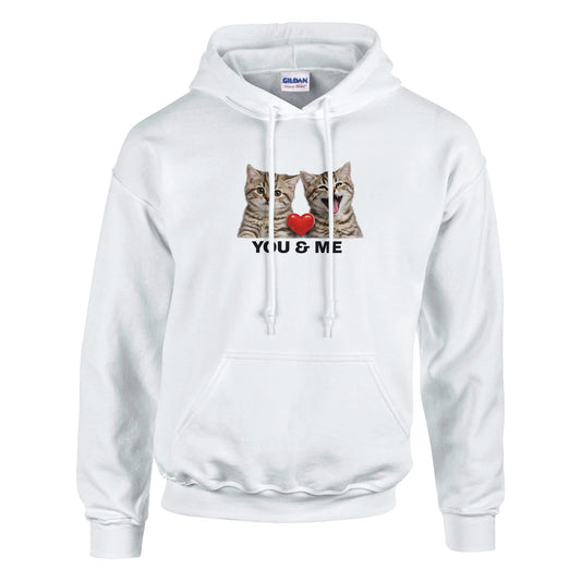 Mjuk Hoodie med Katter och Du Jag Text med kattansikten och hjärta, stilren design.