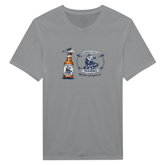 Nordic Folk Art Hambo Folköl humor tee med flaska och humoristisk design i grått