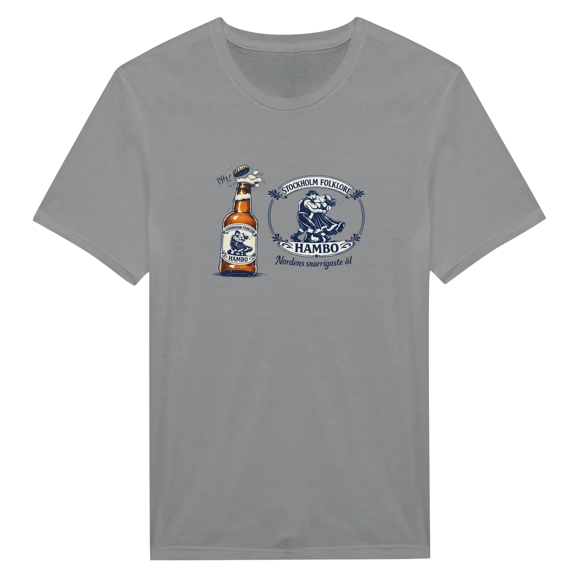Nordic Folk Art Hambo Folköl humor tee med flaska och humoristisk design i grått