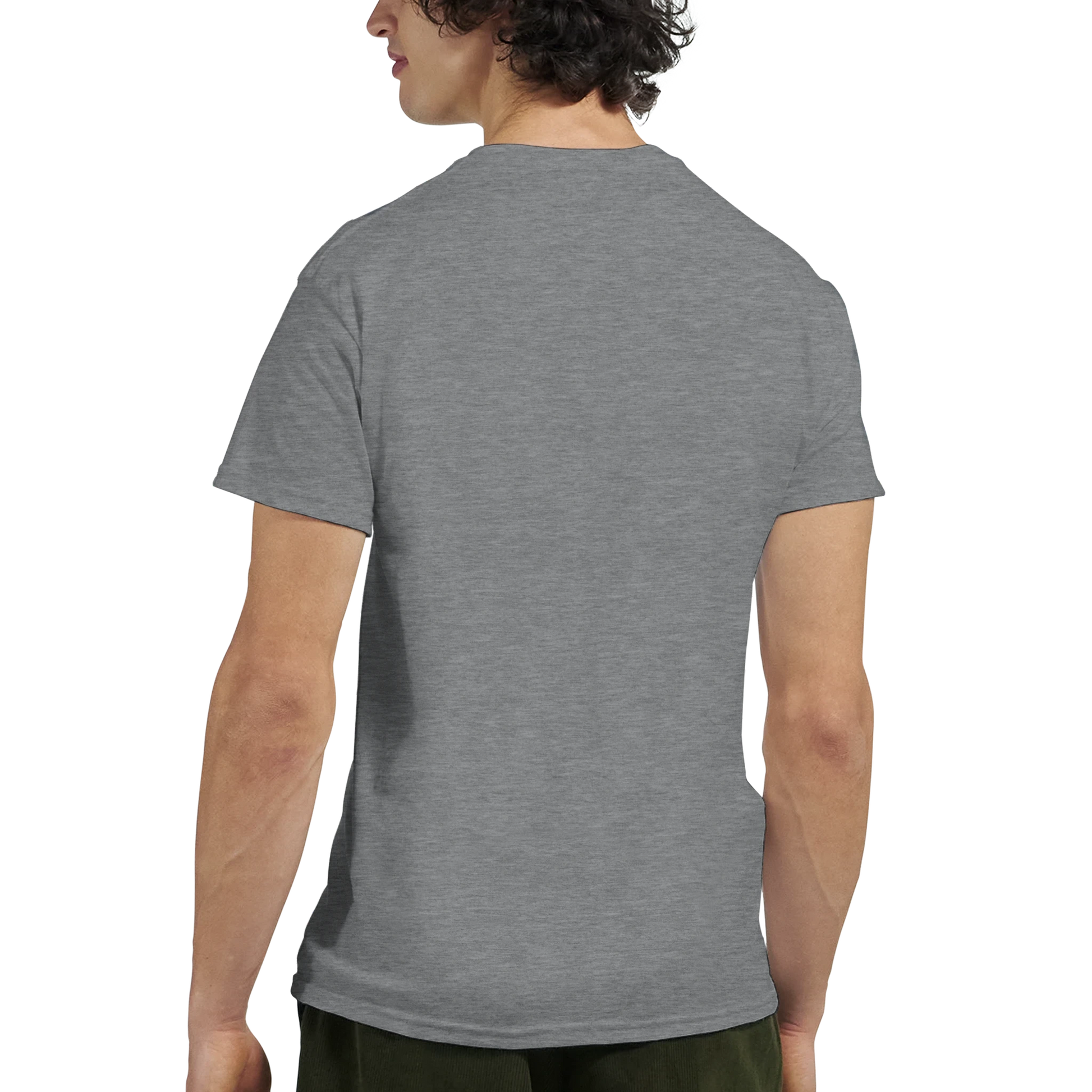 Bad Story Good Content Great Engagement T-Shirt for Influencers, grå t-shirt som visar baksidan av designen.