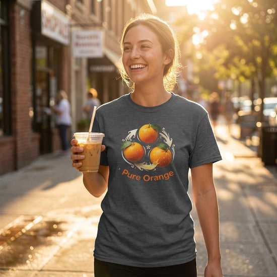 Orange T-shirt med livfullt fruktmotiv, bärs av kvinna på solig gata med kaffe.
