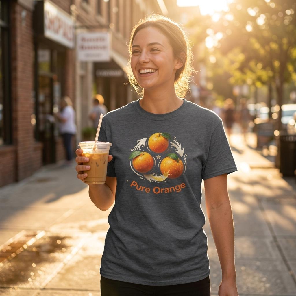 Orange T-shirt med livfullt fruktmotiv, bärs av kvinna på solig gata med kaffe.