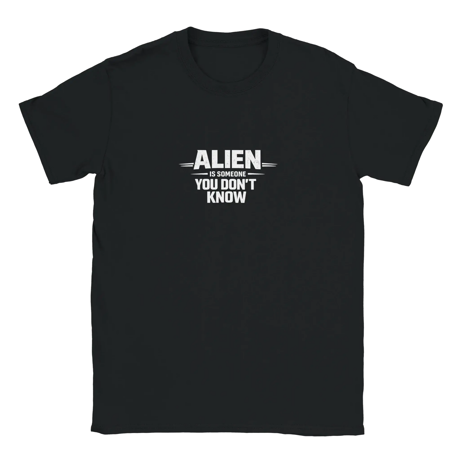 Urban Identity grafisk t-shirt i svart med texten 'ALIEN IS SOMEONE YOU DON'T KNOW' i vitt.