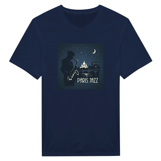 Jazz Club Tee med grafisk saxofonillustration och texten PARIS JAZZ på navy bakgrund.
