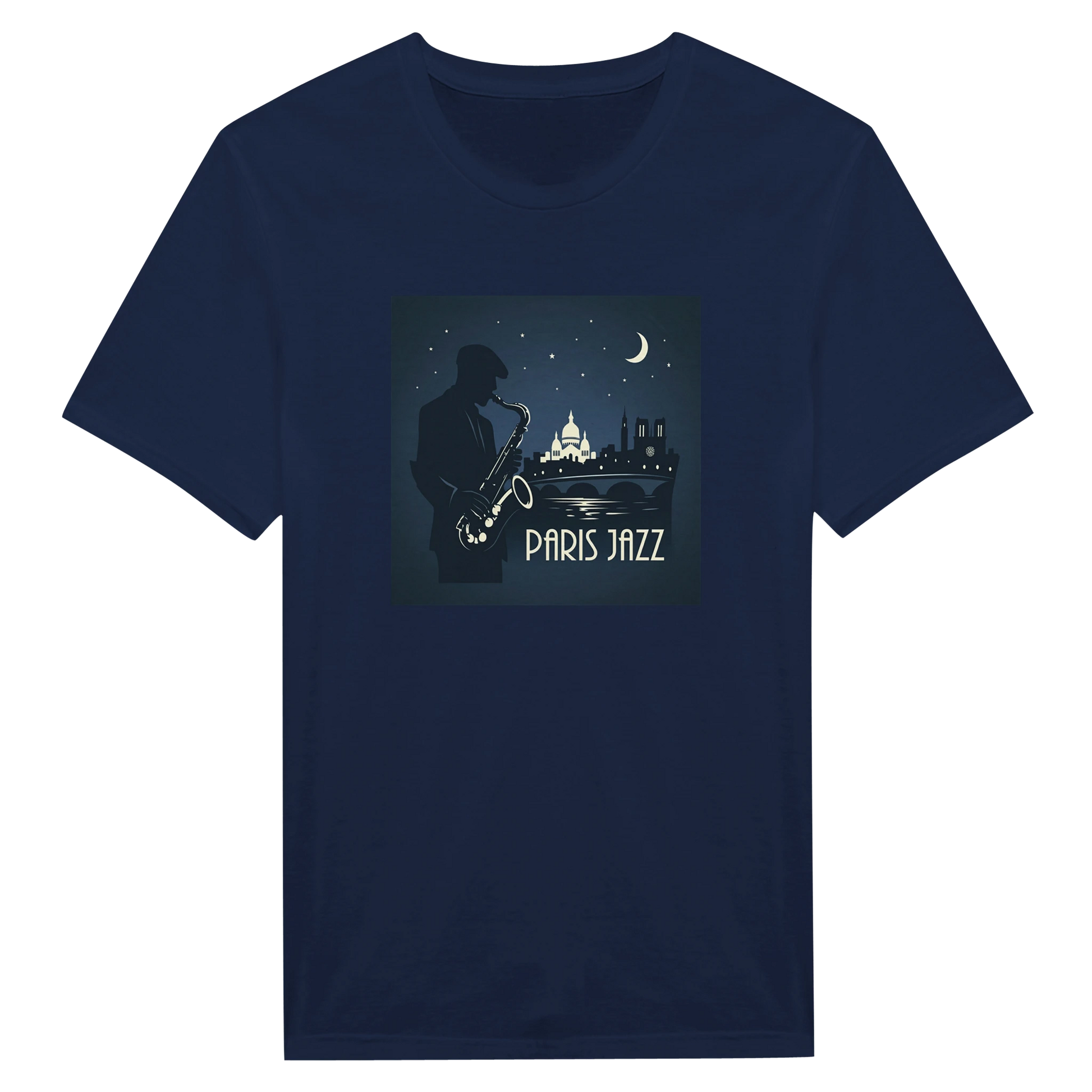 Jazz Club Tee med grafisk saxofonillustration och texten PARIS JAZZ på navy bakgrund.
