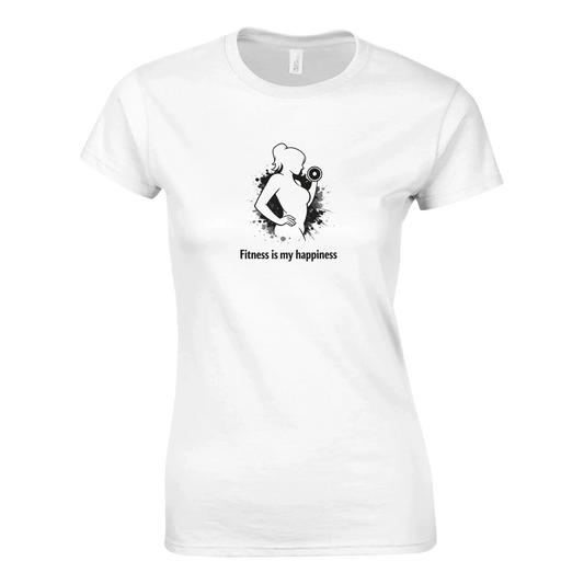 Styrkan är Lyckan – Dam Fitness Tee med motiv av kvinna och texten "Fitness is my happiness".