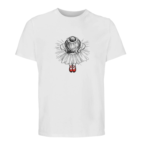 Röda dansskor illustration av ballerina på ekologisk t-shirt från SOL'S Legend 03981.