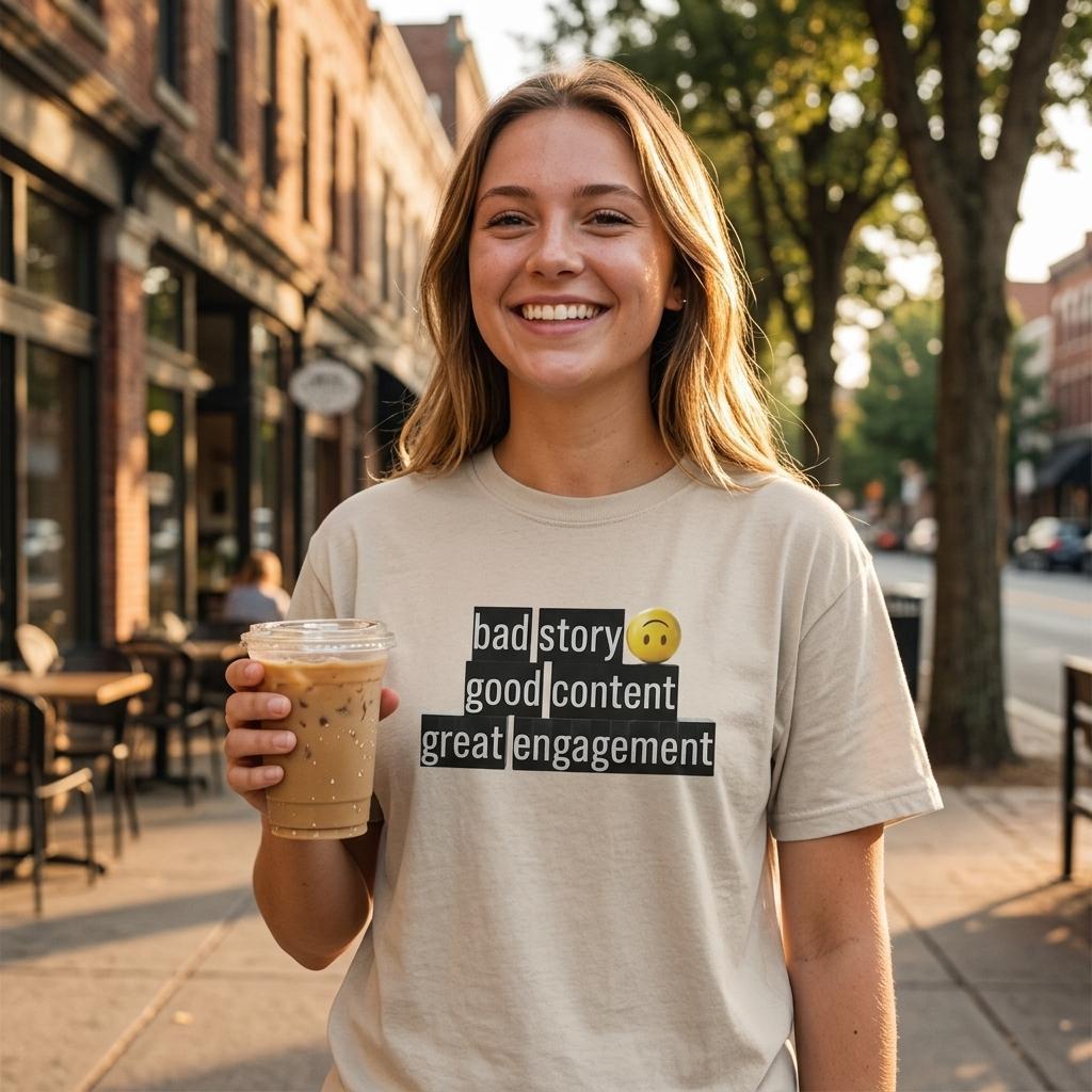 Bad Story Good Content Great Engagement T-Shirt for Influencers, person smiling with coffee in urban setting
