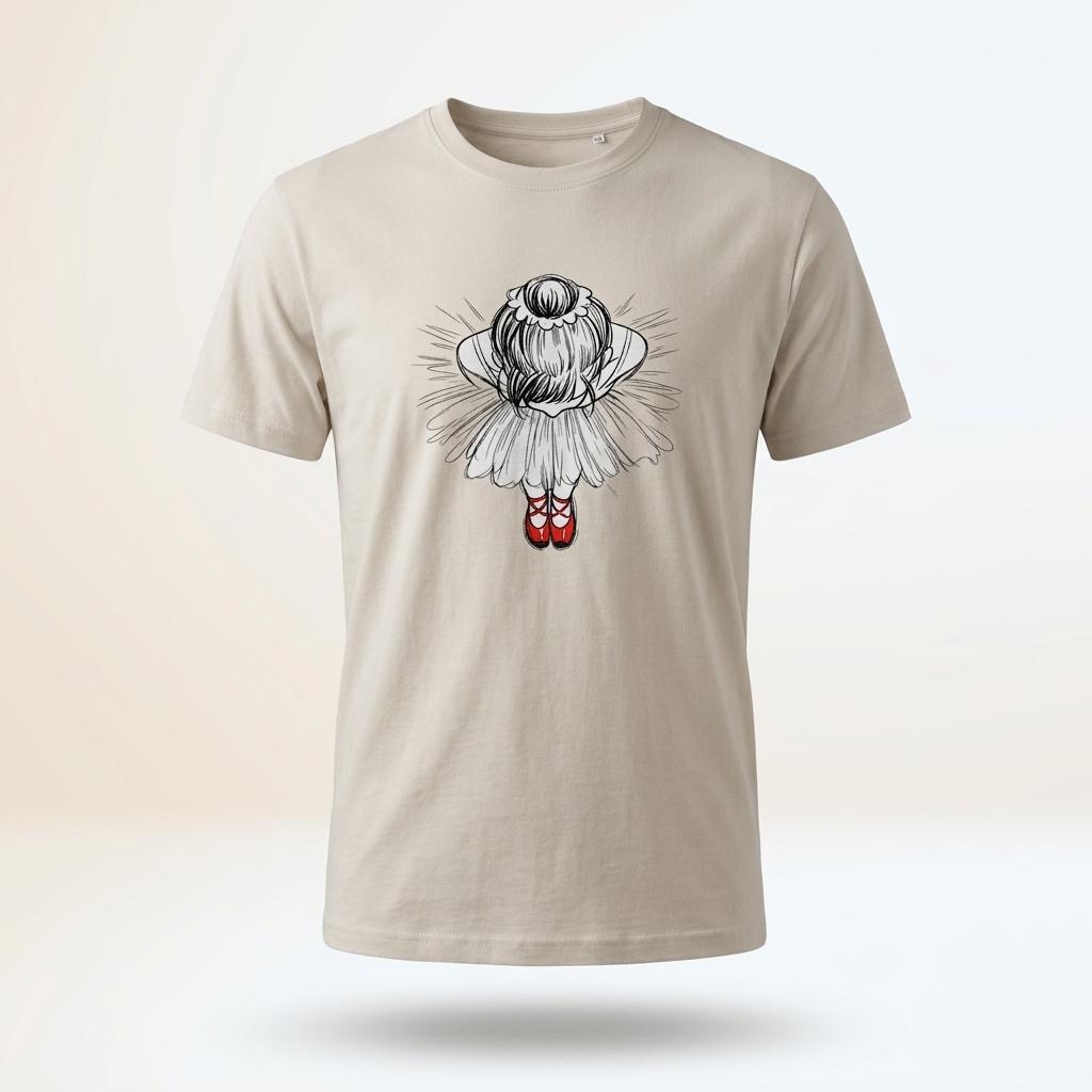Röda dansskor – ekologisk t-shirt med illustration av ballerina i röd balettkjol.