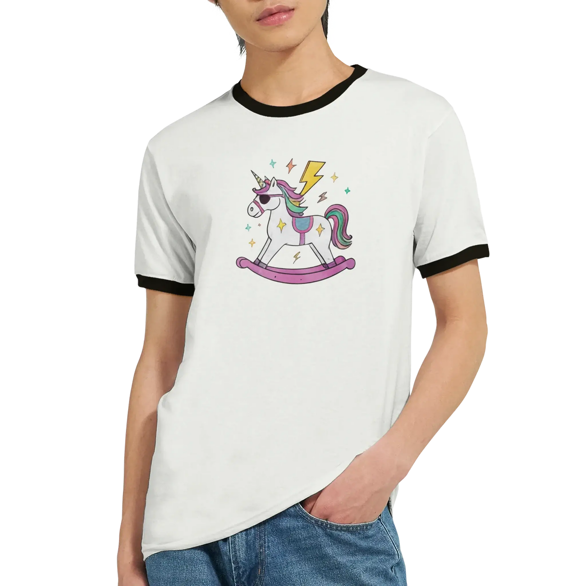 Unicorn Ringer T‑Shirt med gunghäst och blixtmotiv i grafisk stil.