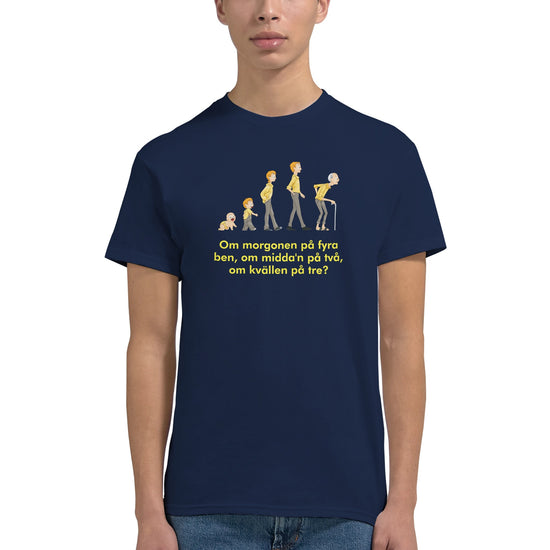 Marinblå evolution t-shirt med illustration av människans livsskeden och texten 'Om morgonen på fyra ben'.