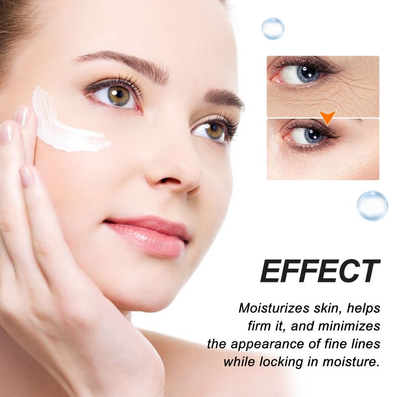 Model applying ögonkräm to her under-eye area, showcasing its effects on fine lines and skin hydration.