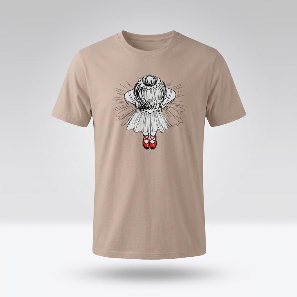 Ekologisk t-shirt med illustration av ballerina i röda dansskor, en nostalgisk barndomsbild.
