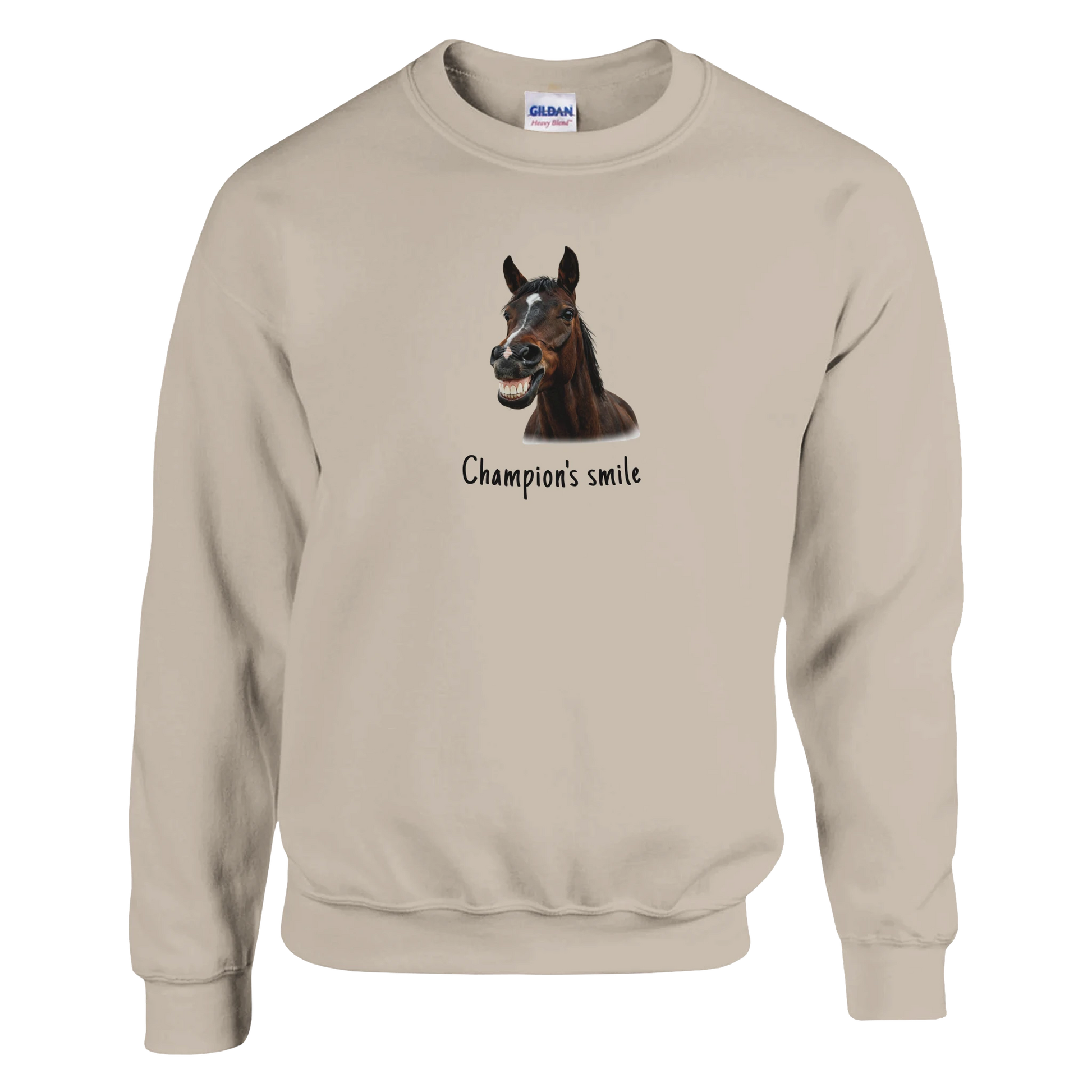 Champion’s Smile – Funny Horse Crewneck Sweatshirt med leende hästdesign.