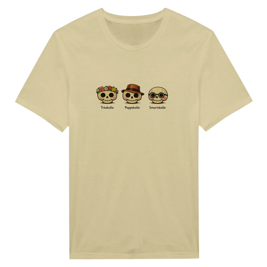 Klipska Skallar nordisk t-shirt med tre söta skallar: Träskalle, Pappskalle och Smartskalle.