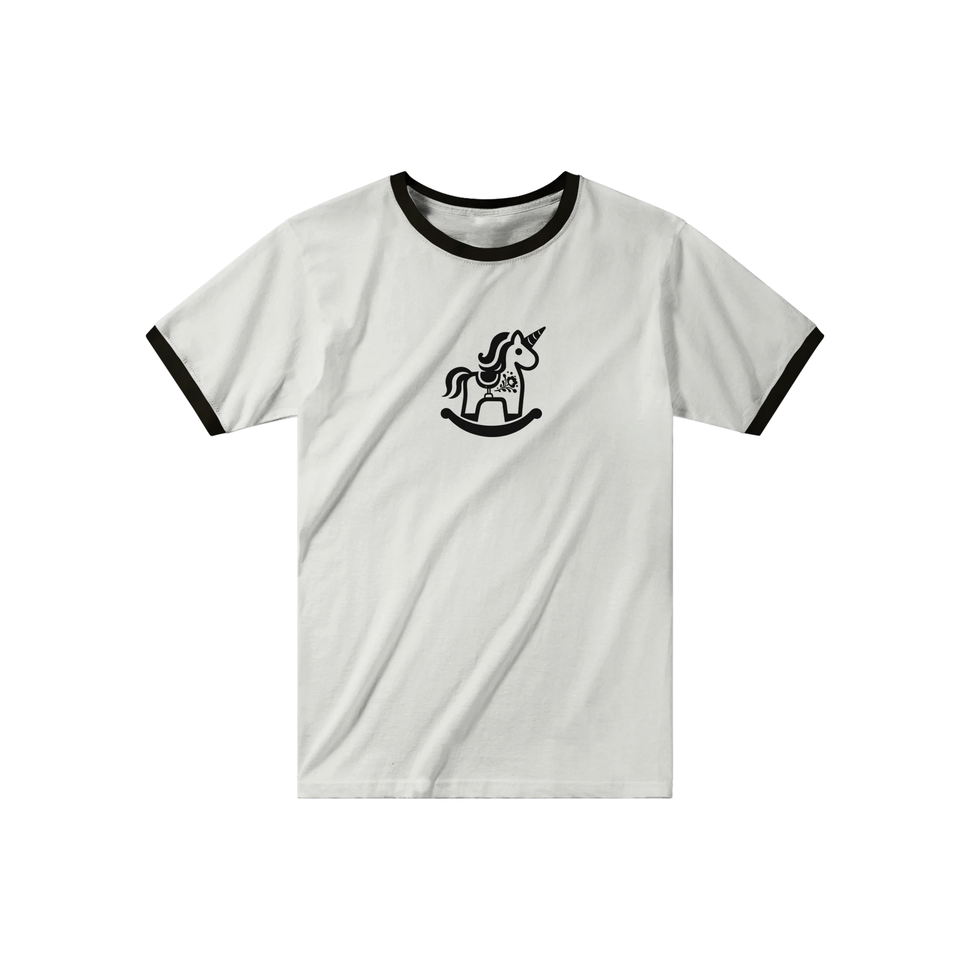 Magic Unicorn ringer t-shirt med retro Dalarna-design och gunghästmotiv.