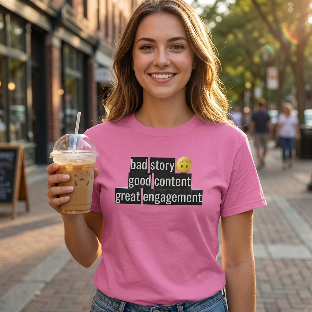 Bad Story Good Content Great Engagement T-Shirt for Influencers worn by a woman in a pink shirt with a drink in hand.