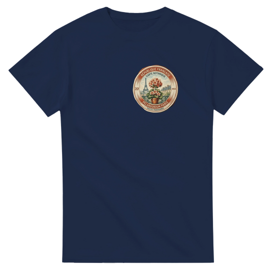 Paris 50s T-Shirt with floral illustration on navy background, vintage style cotton tee design.