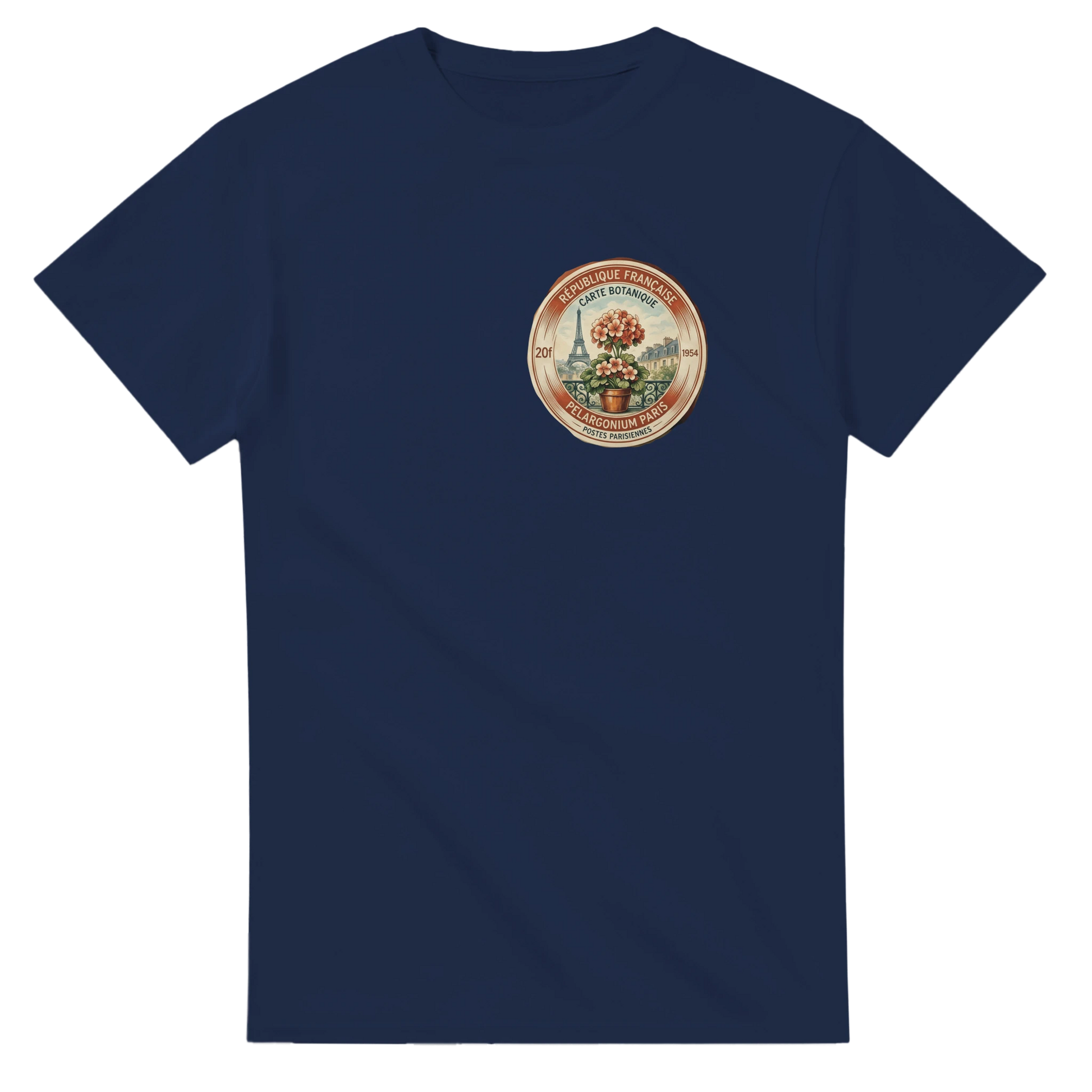 Paris 50s T-Shirt with floral illustration on navy background, vintage style cotton tee design.