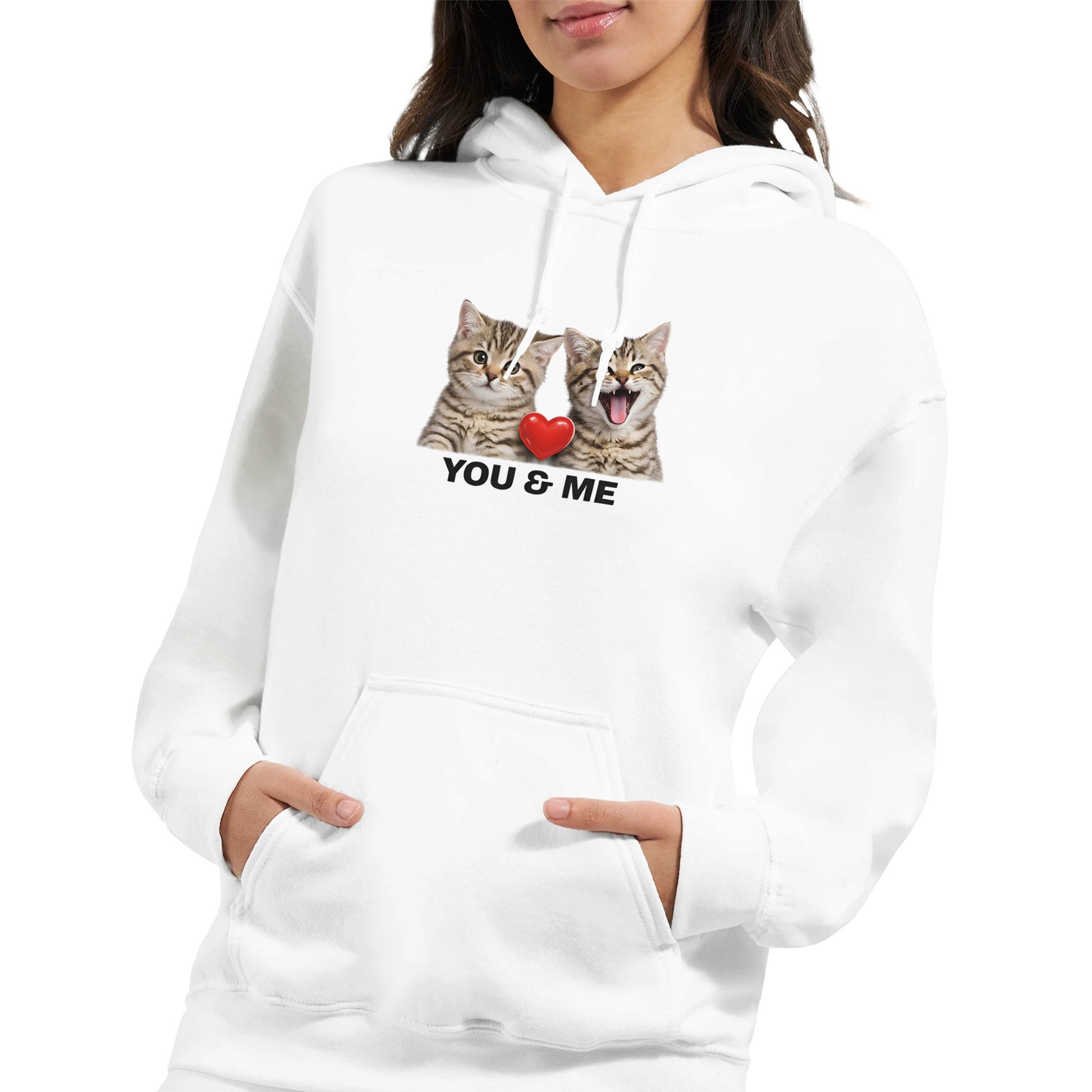 Mjuk Hoodie med Katter och Du Jag Text med kattbilder och texten You & Me.