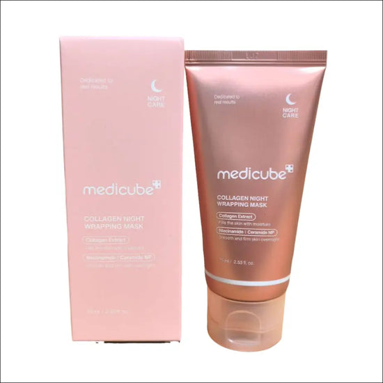 Medicube Collagen Night Wrapping Mask för återfuktad och fyllig hud, förpackad i en rosa box.