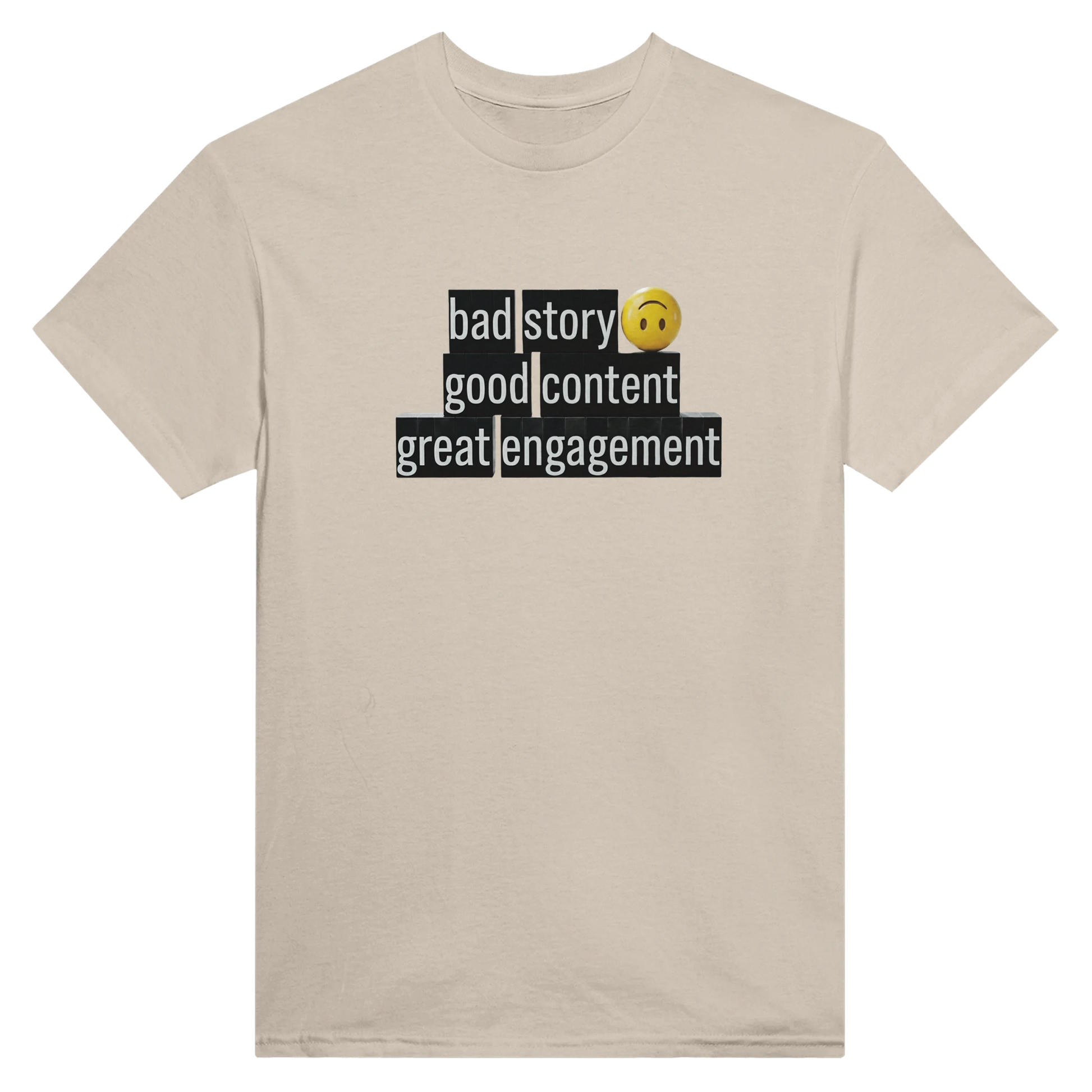 Bad Story Good Content Great Engagement T-Shirt for Influencers med grafiska block och mjuka färger