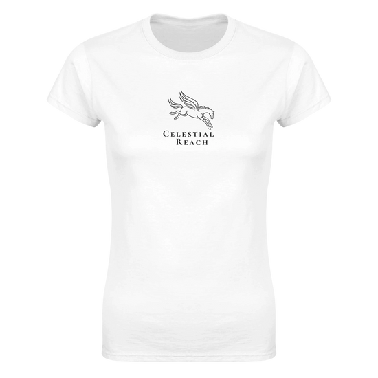 Mythology Pegasus horse line art T-shirt featuring a flying Pegasus and Celestial Reach logo on a white background.