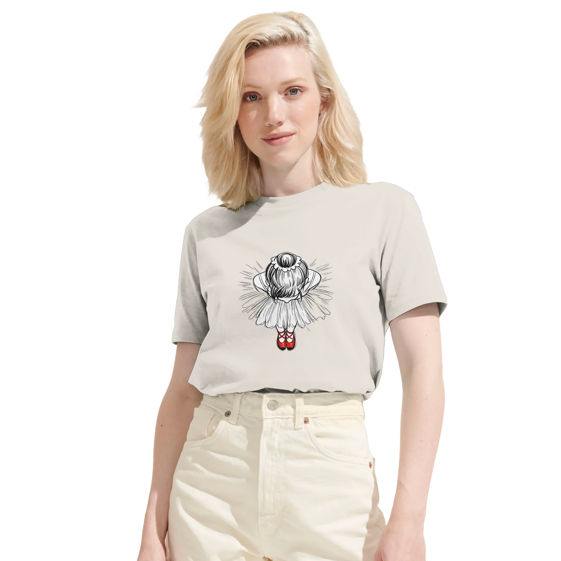 Röda dansskor – ekologisk t-shirt med illustration av ballerina i rödskor och vit tutu.