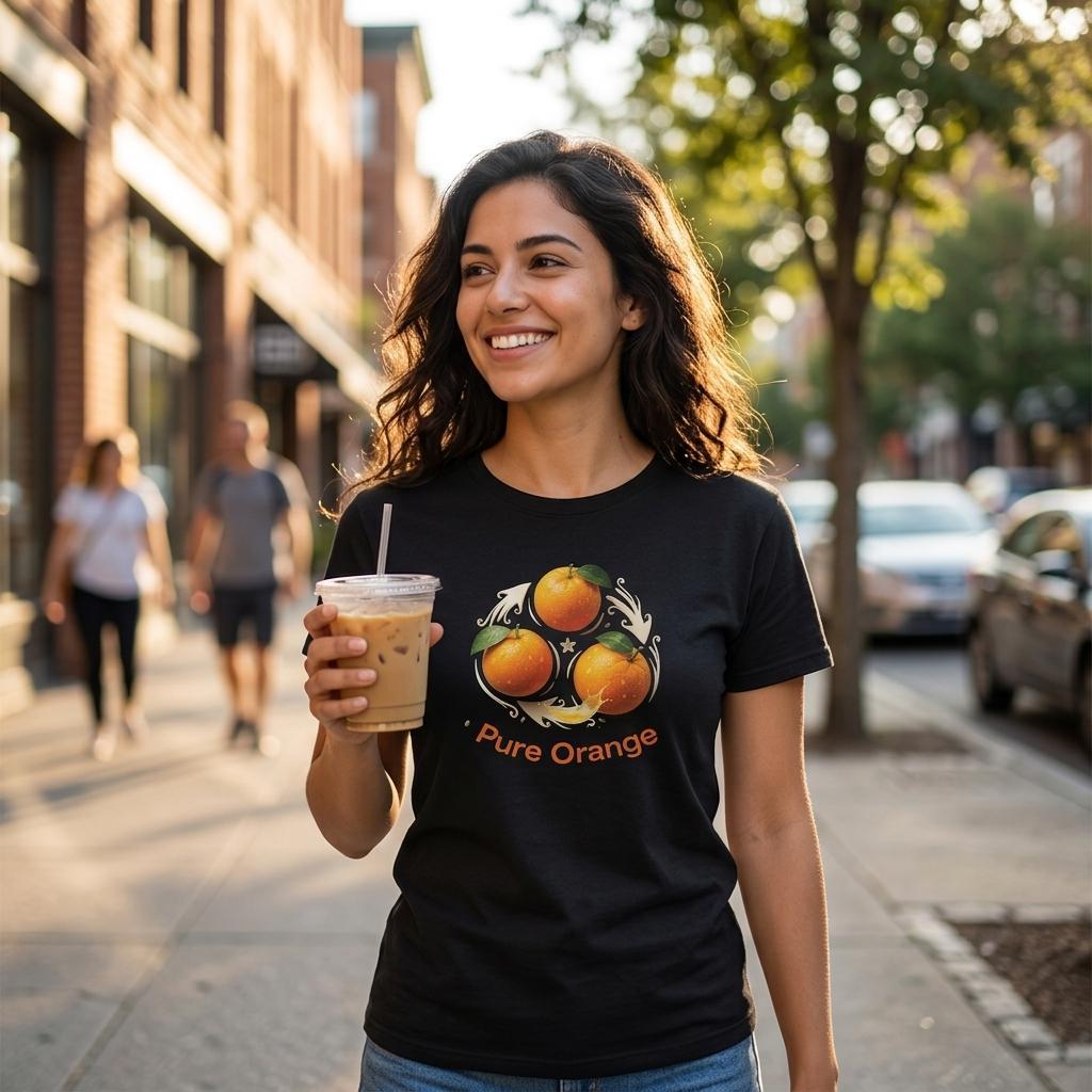 Kvinna bär Pure Orange – Vibrant Fruit Graphic Tee på gatan med kaffe i handen.