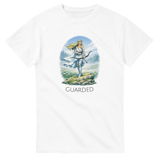 Fantasy T-Shirt med Elf Guardian illustration, elegant design med pil och båge för unga vuxna.