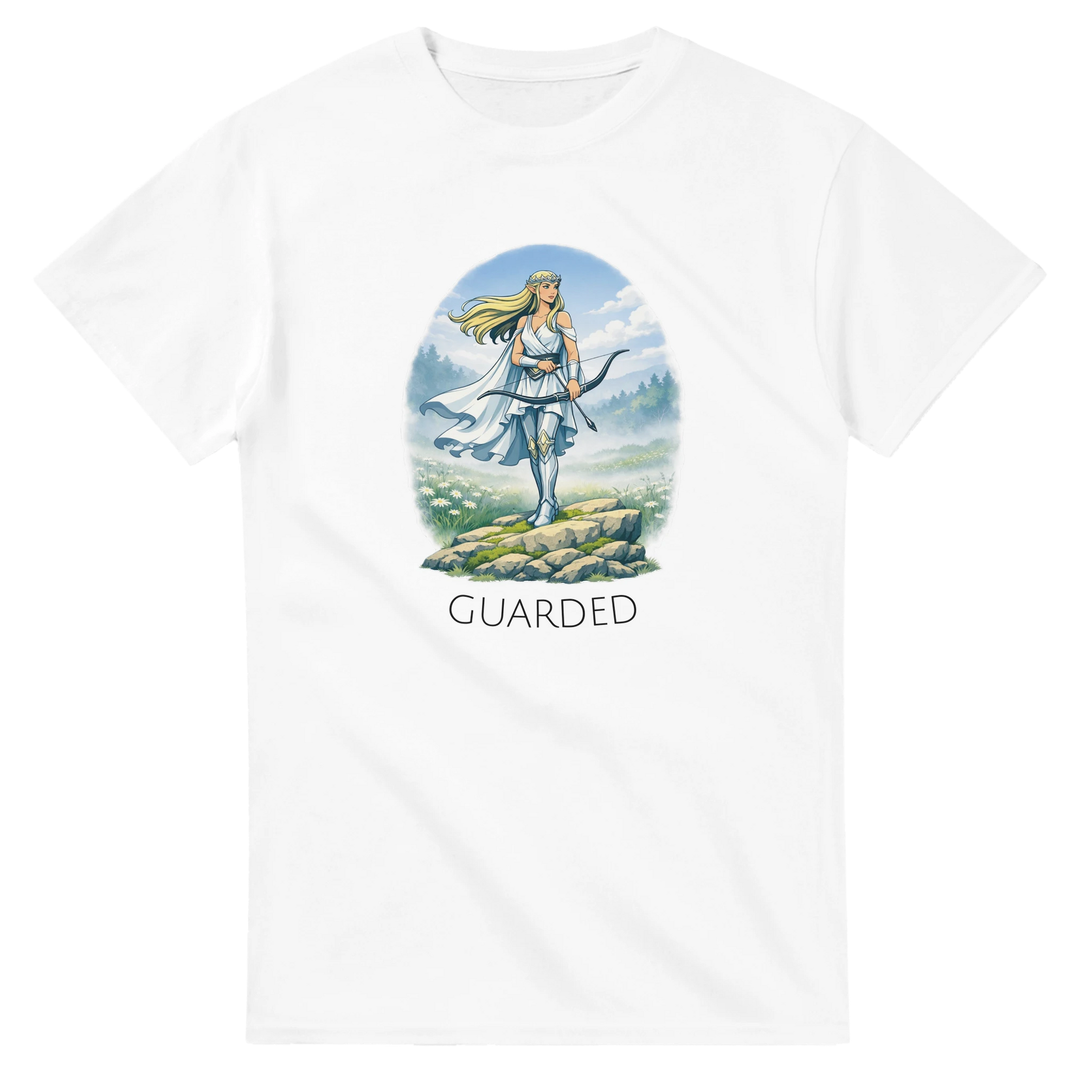 Fantasy T-Shirt med Elf Guardian illustration, elegant design med pil och båge för unga vuxna.