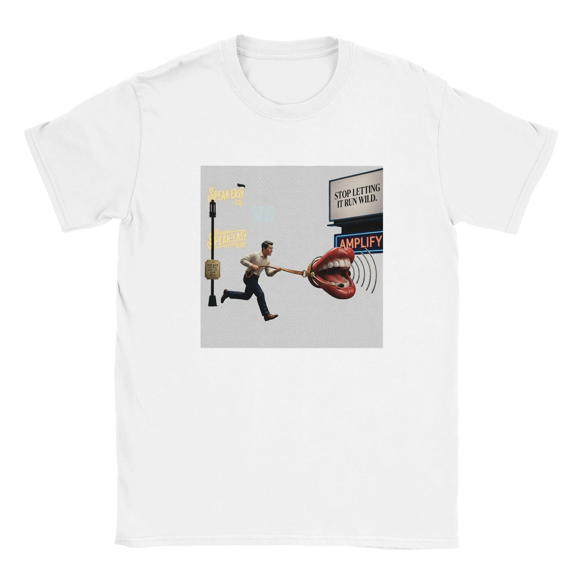 Leashed Voice T-shirt med illustration av mikrofon och texten 'Amplify' och 'Stop letting it run wild'.