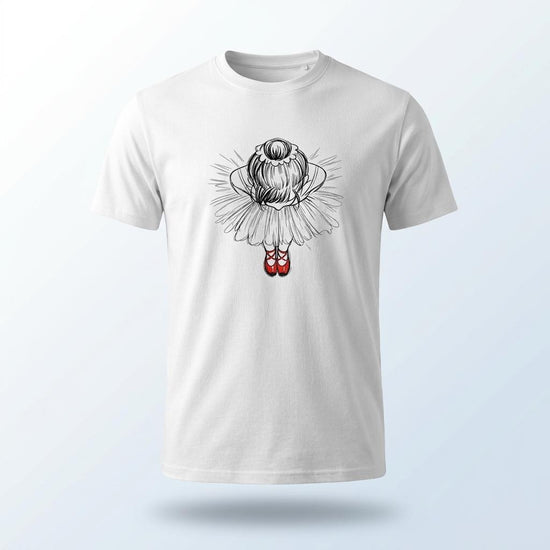 Röda dansskor på ekologisk t-shirt med ballerina illustration i vitt