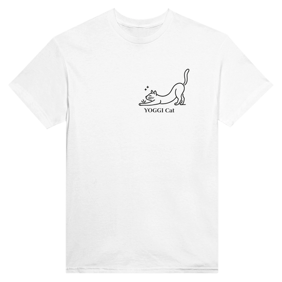 Stretching Cat T-Shirt – Vit svart linje t-shirt med minimalistisk kattillustration från Yoggi Cat.