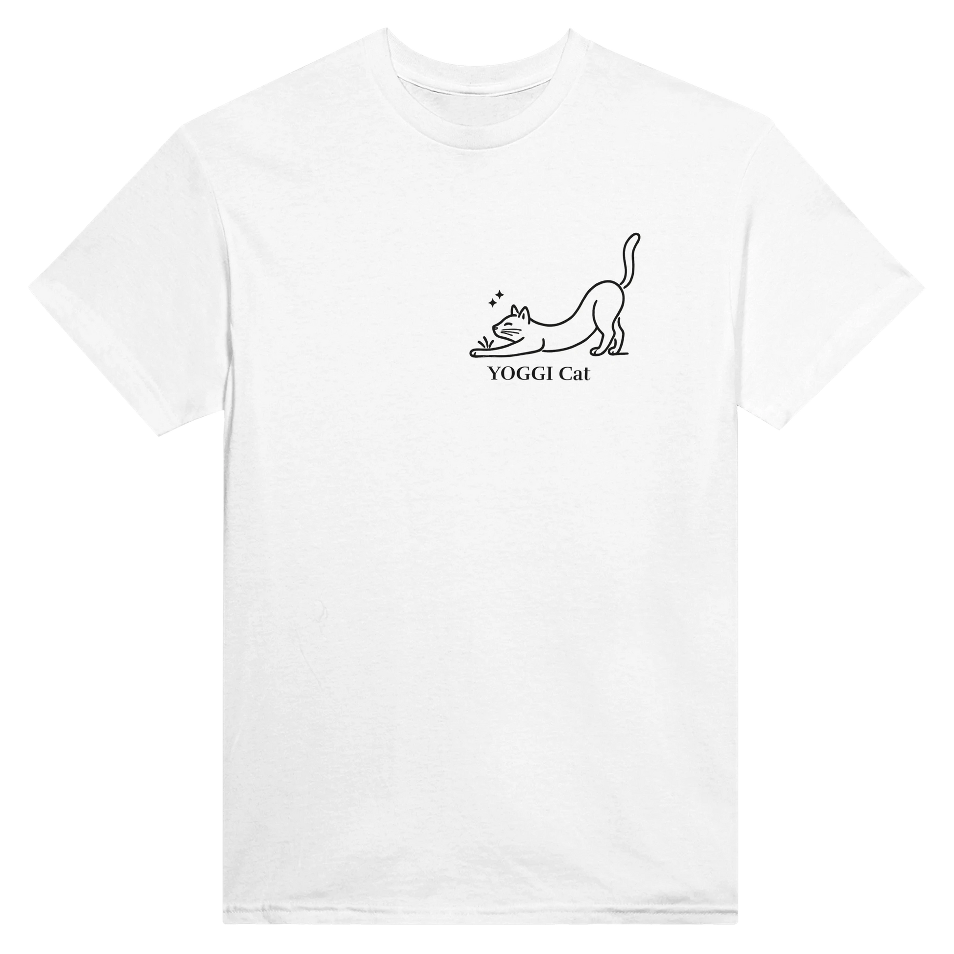 Stretching Cat T-Shirt – Vit svart linje t-shirt med minimalistisk kattillustration från Yoggi Cat.