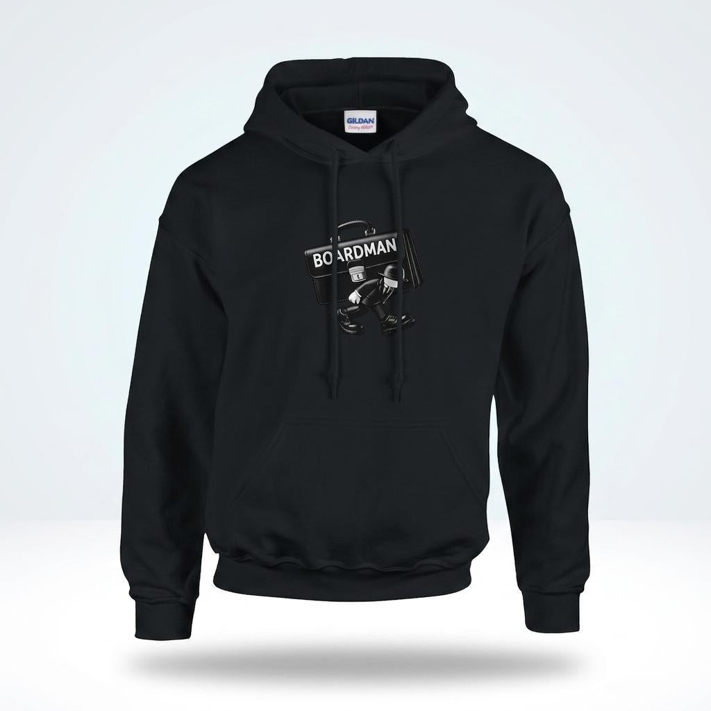 Boardman Heavyweight Hoodie in black, designed for professionals and board members, featuring unique graphic humor.