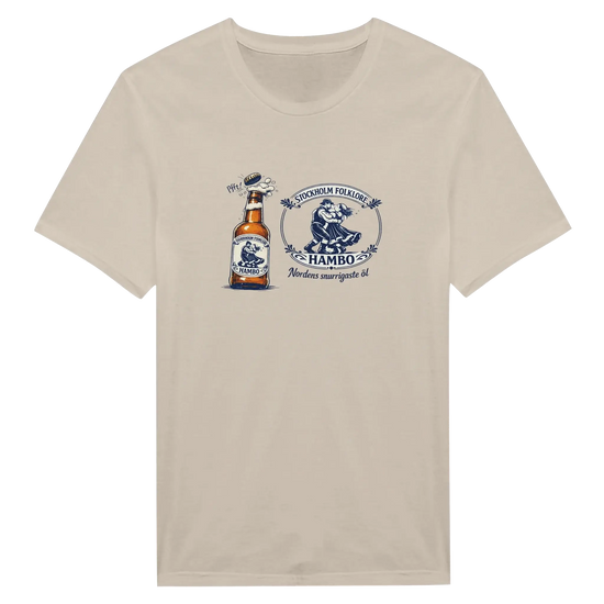 Nordic Folk Art Hambo Folköl tee med svensk design, illustration av ölflaska och folkdansmotiv.
