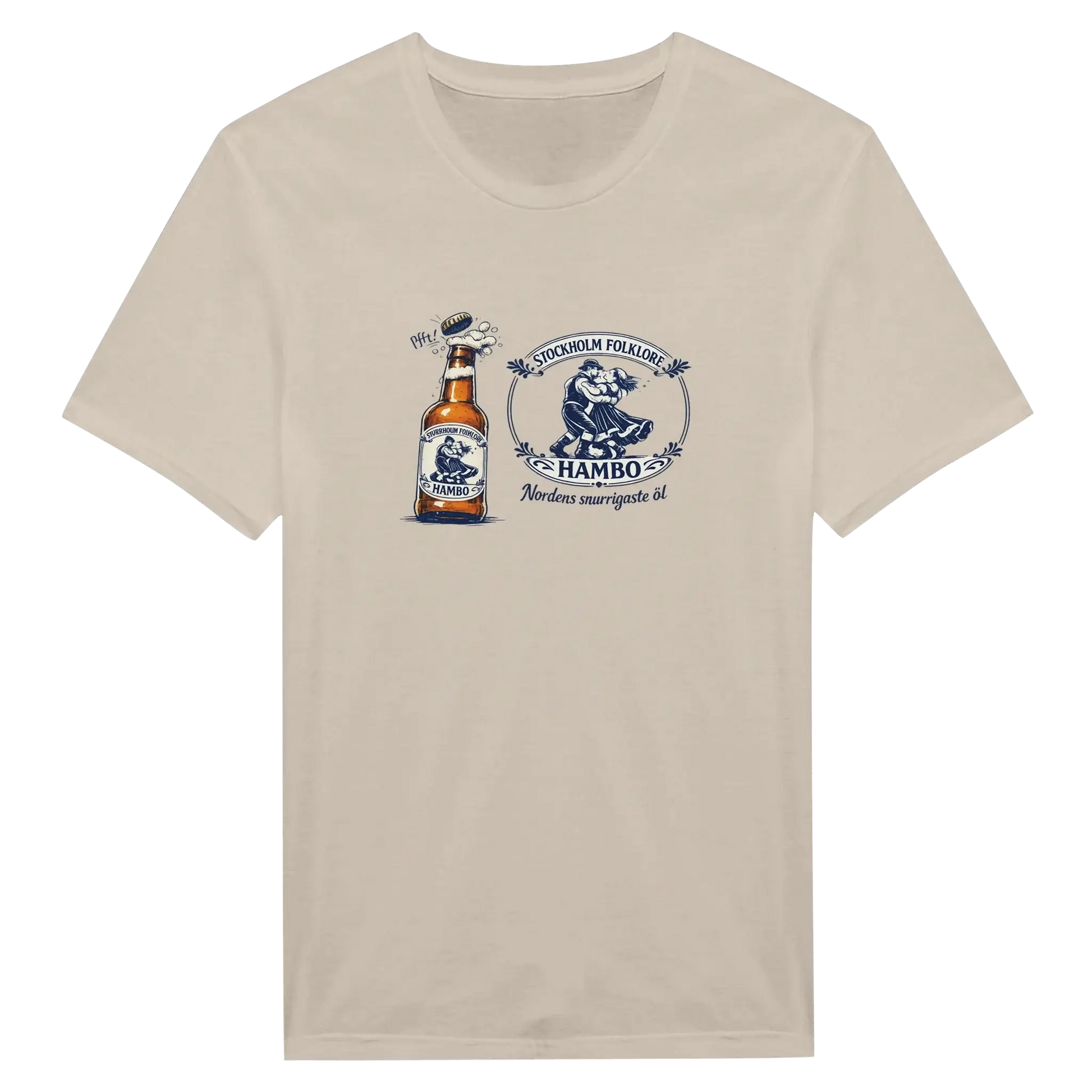 Nordic Folk Art Hambo Folköl tee med svensk design, illustration av ölflaska och folkdansmotiv.