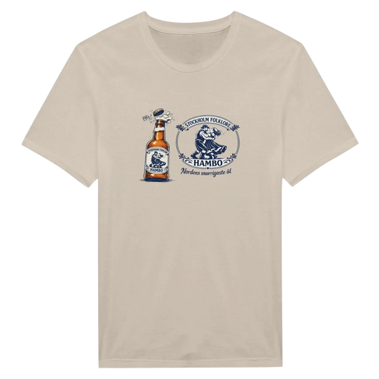 Nordic Folk Art Hambo Folköl tee med svensk design, illustration av ölflaska och folkdansmotiv.