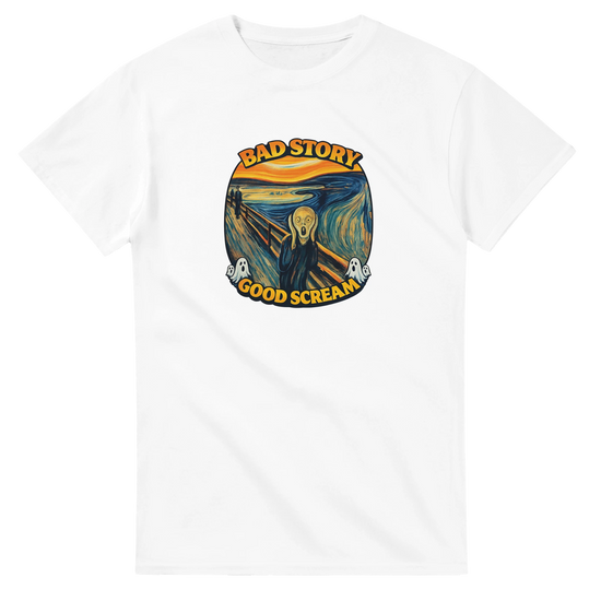 Bad Story Good Scream T‑Shirt med grafisk konst i expressionistisk stil.